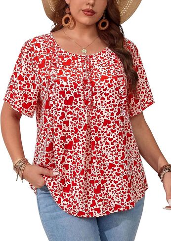 Siddhe Womens Plus Size Tops Short Sleeve Blouses Crew Neck Shirts Boho Style Casual Holiday Tunic Tops(1X-5X) in Saudi Arabia