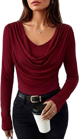 Pink Queen Women Tops 2026 Fall Draped Cowl Neck Shirts Long Sleeve Slim Fit Clothes Blouse Business Casual Outfits in Kuwait