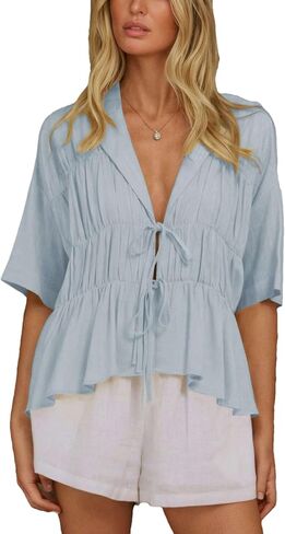 Mingzhu Women's Linen Plus Size Bow Tie Front Peplum Blouse Short Sleeve Deep V Neck Pleated Babydoll Ruffle Flowy Shirts in Saudi Arabia