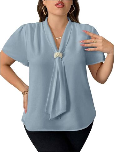 Floerns Women's Plus Size Pearl Tie Neck Tops Elegant Short Sleeve Business Casual Blouses in Kuwait