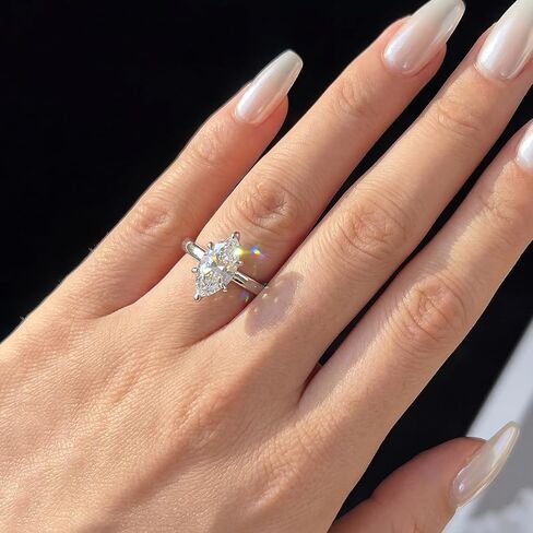 1 Pc 925 Silver Synthetic Moissanite Rings Silver 1ct Six-Prong Horse Eye Ring Engagement Holiday Gift Fine Jewellery Gifts Early Fashion Trends in Kuwait