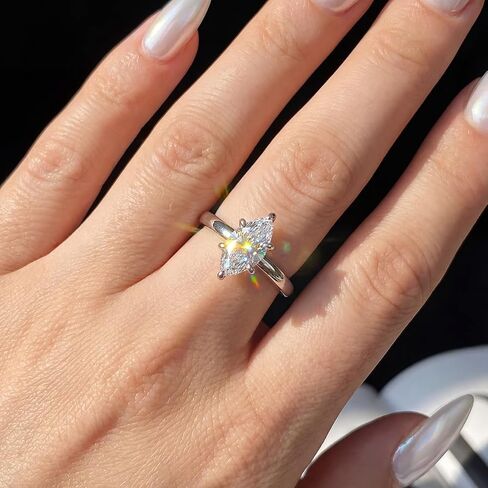 1 Pc 925 Silver Synthetic Moissanite Rings Silver 1ct Six-Prong Horse Eye Ring Engagement Holiday Gift Fine Jewellery Gifts Early Fashion Trends in Kuwait