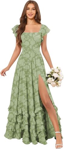Tiered Floral Bridesmaid Dresses for Women with Sleeves Slit Square Neck A Line Lace Long Formal Maxi Dress in Kuwait