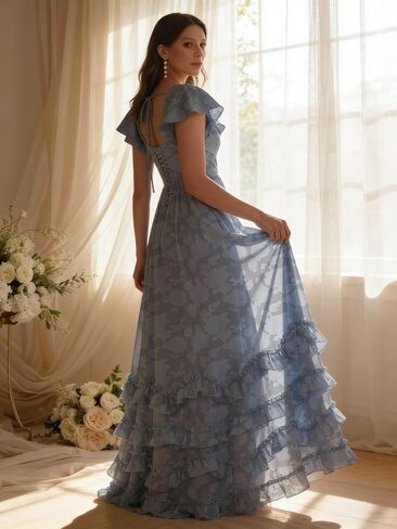Tiered Floral Bridesmaid Dresses for Women with Sleeves Slit Square Neck A Line Lace Long Formal Maxi Dress in Kuwait