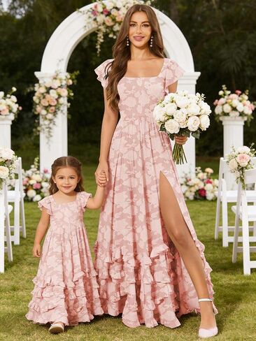 Tiered Floral Bridesmaid Dresses for Women with Sleeves Slit Square Neck A Line Lace Long Formal Maxi Dress in Kuwait