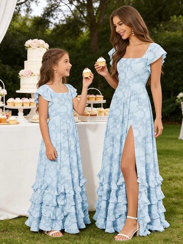 Tiered Floral Bridesmaid Dresses for Women with Sleeves Slit Square Neck A Line Lace Long Formal Maxi Dress in Kuwait