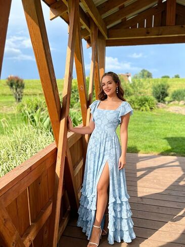 Tiered Floral Bridesmaid Dresses for Women with Sleeves Slit Square Neck A Line Lace Long Formal Maxi Dress in Kuwait