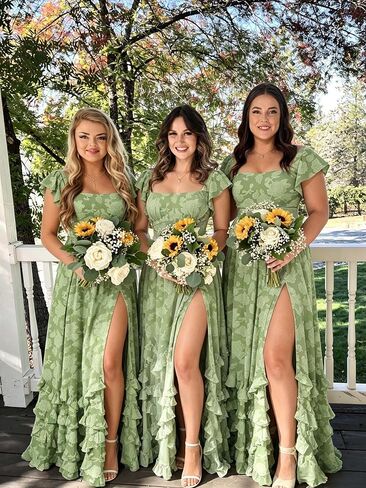 Tiered Floral Bridesmaid Dresses for Women with Sleeves Slit Square Neck A Line Lace Long Formal Maxi Dress in Kuwait
