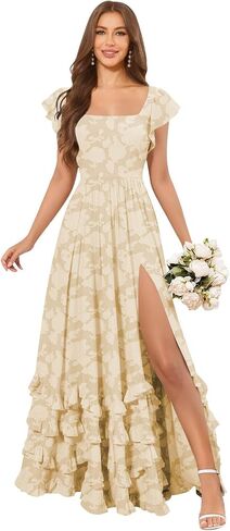 Tiered Floral Bridesmaid Dresses for Women with Sleeves Slit Square Neck A Line Lace Long Formal Maxi Dress in Kuwait