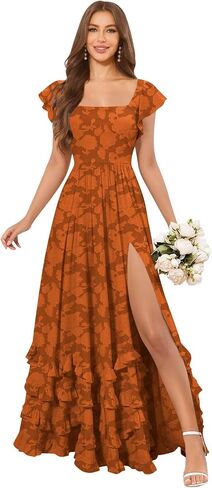 Tiered Floral Bridesmaid Dresses for Women with Sleeves Slit Square Neck A Line Lace Long Formal Maxi Dress in Kuwait