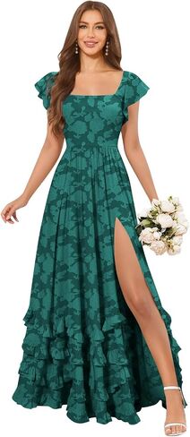 Tiered Floral Bridesmaid Dresses for Women with Sleeves Slit Square Neck A Line Lace Long Formal Maxi Dress in Kuwait