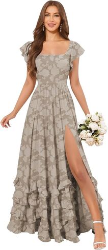 Tiered Floral Bridesmaid Dresses for Women with Sleeves Slit Square Neck A Line Lace Long Formal Maxi Dress in Kuwait