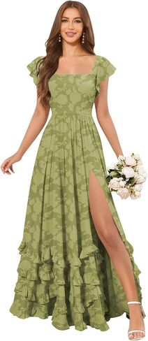 Tiered Floral Bridesmaid Dresses for Women with Sleeves Slit Square Neck A Line Lace Long Formal Maxi Dress in Kuwait