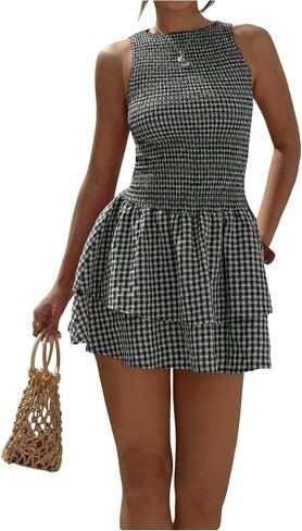 Milumia Women's Summer Gingham Mini Dress Sleeveless Tiered Ruffle Hem Smocked Waist A Line Short Tank Dress in Kuwait