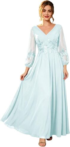 Mother of The Bride Dresses for Wedding Sequin Lace Appliques Formal Evening Party Ball Gown Chiffon Long Sleeve in Kuwait