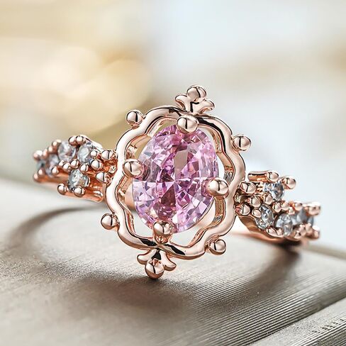 Claw-Set Pink Oval Cubic Zirconia Ring for Women Hollow Design Band Jewelry in Kuwait