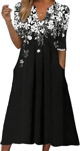 evepes Dressy Dresses for Women Pleated Boho 3/4 Sleeve Midi Dress Side Pockets Flowy A-Line Casual Round Neck Dress in Saudi Arabia