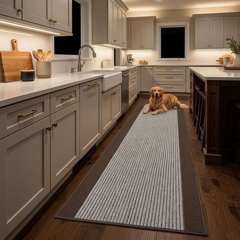 7 ft Laundry Room Runner Rug Washable Non Slip, Brown Striped Rubber Backing Kitchen Floor Mat, Long Indoor Carpet Runner (26 Inch x 7 ft) in Saudi Arabia