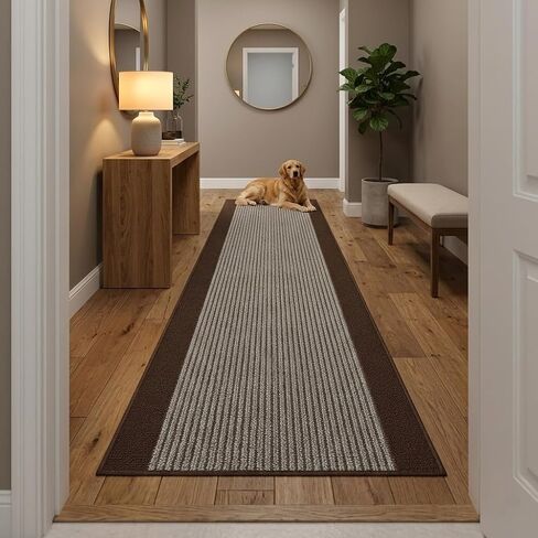 7 ft Laundry Room Runner Rug Washable Non Slip, Brown Striped Rubber Backing Kitchen Floor Mat, Long Indoor Carpet Runner (26 Inch x 7 ft) in Saudi Arabia