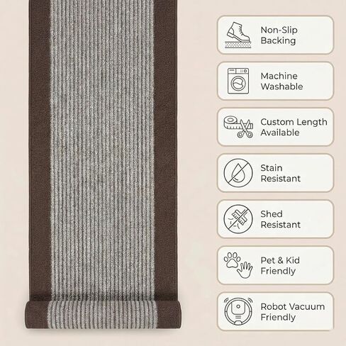 7 ft Laundry Room Runner Rug Washable Non Slip, Brown Striped Rubber Backing Kitchen Floor Mat, Long Indoor Carpet Runner (26 Inch x 7 ft) in Saudi Arabia