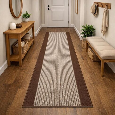 7 ft Laundry Room Runner Rug Washable Non Slip, Brown Striped Rubber Backing Kitchen Floor Mat, Long Indoor Carpet Runner (26 Inch x 7 ft) in Saudi Arabia