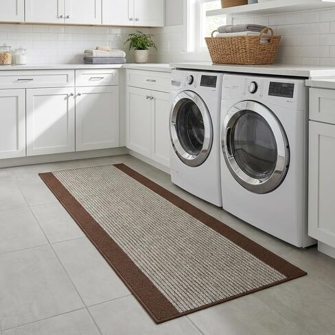 7 ft Laundry Room Runner Rug Washable Non Slip, Brown Striped Rubber Backing Kitchen Floor Mat, Long Indoor Carpet Runner (26 Inch x 7 ft) in Saudi Arabia