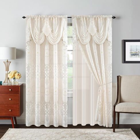 Petrichor Ivory Sheer Jacquard Voile Curtains （54" W x 84" L）, 2 Panels with Attached Valance, Double Layer Floral Cutwork Beige with Luxurious Texture, Rod Pocket, for Bedroom & Living Room in Saudi Arabia