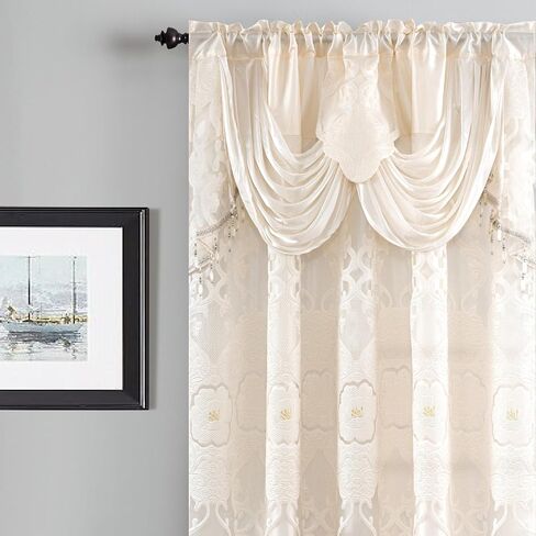 Petrichor Ivory Sheer Jacquard Voile Curtains （54" W x 84" L）, 2 Panels with Attached Valance, Double Layer Floral Cutwork Beige with Luxurious Texture, Rod Pocket, for Bedroom & Living Room in Saudi Arabia