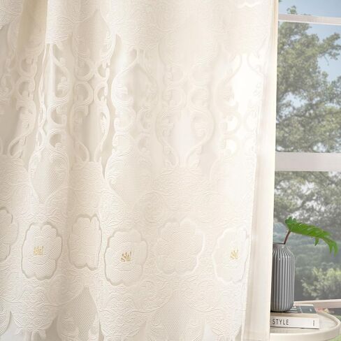 Petrichor Ivory Sheer Jacquard Voile Curtains （54" W x 84" L）, 2 Panels with Attached Valance, Double Layer Floral Cutwork Beige with Luxurious Texture, Rod Pocket, for Bedroom & Living Room in Saudi Arabia