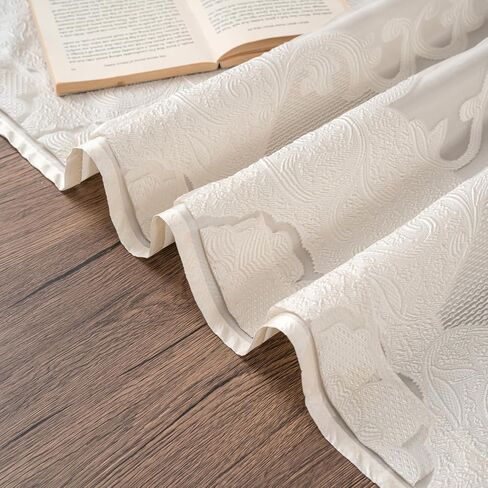 Petrichor Ivory Sheer Jacquard Voile Curtains （54" W x 84" L）, 2 Panels with Attached Valance, Double Layer Floral Cutwork Beige with Luxurious Texture, Rod Pocket, for Bedroom & Living Room in Saudi Arabia