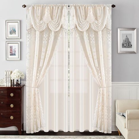 Petrichor Ivory Sheer Jacquard Voile Curtains （54" W x 84" L）, 2 Panels with Attached Valance, Double Layer Floral Cutwork Beige with Luxurious Texture, Rod Pocket, for Bedroom & Living Room in Saudi Arabia