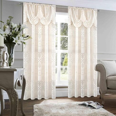 Petrichor Ivory Sheer Jacquard Voile Curtains （54" W x 84" L）, 2 Panels with Attached Valance, Double Layer Floral Cutwork Beige with Luxurious Texture, Rod Pocket, for Bedroom & Living Room in Saudi Arabia