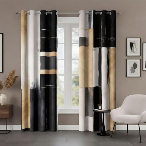 Black and Gold Abstract Blackout Curtains, Boho Modern Aesthetic Grommet Window Drapes, Beige Cream Tan Brown Oil Painting Neutral Art Curtain for Bedroom Living Room 2 Panels, 52"X84" in Saudi Arabia