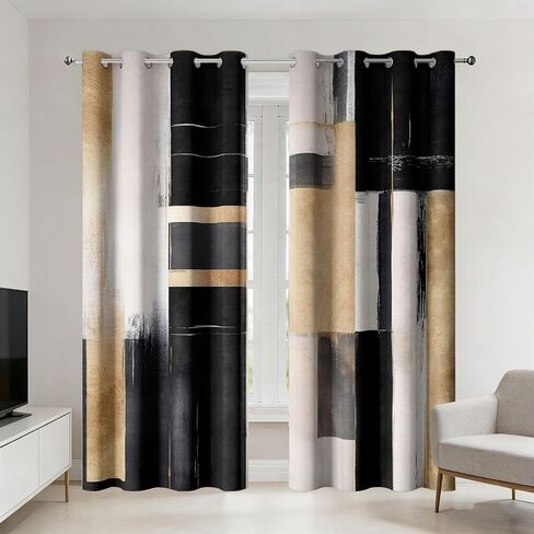 Black and Gold Abstract Blackout Curtains, Boho Modern Aesthetic Grommet Window Drapes, Beige Cream Tan Brown Oil Painting Neutral Art Curtain for Bedroom Living Room 2 Panels, 52"X84" in Saudi Arabia