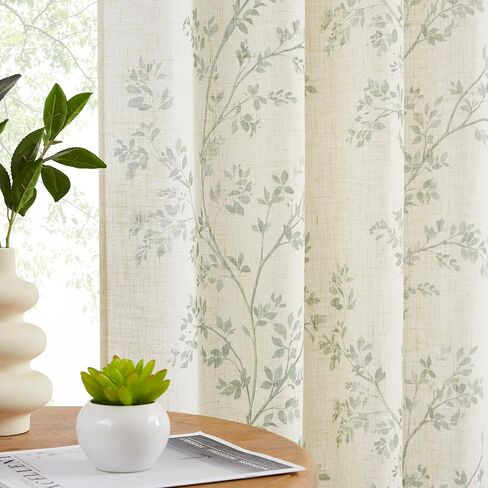 Amzdecor Green Leaf Linen Light Filtering Window Curtain Panels for Living Room Bedroom 84 Inch Long Botanical Floral Rustic Drapes Country Farmhouse Back Tab Rod Pocket Window Treatment Set,40"x84"x2 in Saudi Arabia