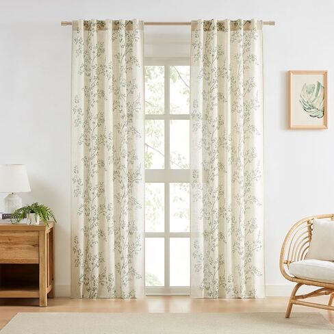 Amzdecor Green Leaf Linen Light Filtering Window Curtain Panels for Living Room Bedroom 84 Inch Long Botanical Floral Rustic Drapes Country Farmhouse Back Tab Rod Pocket Window Treatment Set,40"x84"x2 in Saudi Arabia
