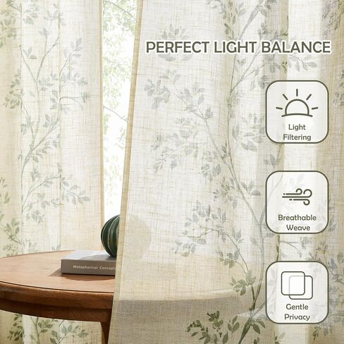 Amzdecor Green Leaf Linen Light Filtering Window Curtain Panels for Living Room Bedroom 84 Inch Long Botanical Floral Rustic Drapes Country Farmhouse Back Tab Rod Pocket Window Treatment Set,40"x84"x2 in Saudi Arabia