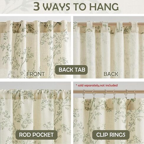 Amzdecor Green Leaf Linen Light Filtering Window Curtain Panels for Living Room Bedroom 84 Inch Long Botanical Floral Rustic Drapes Country Farmhouse Back Tab Rod Pocket Window Treatment Set,40"x84"x2 in Saudi Arabia