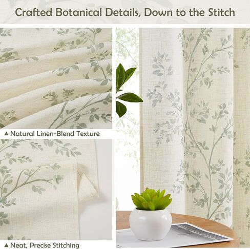 Amzdecor Green Leaf Linen Light Filtering Window Curtain Panels for Living Room Bedroom 84 Inch Long Botanical Floral Rustic Drapes Country Farmhouse Back Tab Rod Pocket Window Treatment Set,40"x84"x2 in Saudi Arabia
