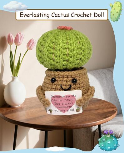 Cute Positive Crochet Emotional Support Small Cactus Collectibles Gifts, Birthday Anniversary House Warming Retirement Gifts for Father Mother, Romantic Handmade Plant for Home Office Desk Decor in Saudi Arabia