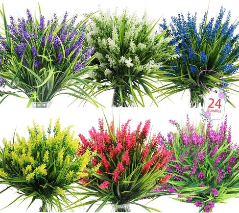 Artificial Flowers for Outdoors, 24 Bundles 6 Colors Fake Lavender Flowers Monkey Grass, Faux Plants Shrubs, UV Resistant Artificial Plants for Outdoor Garden, Window Box, Patio, Wedding Decorations in Saudi Arabia