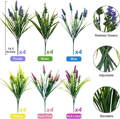 Artificial Flowers for Outdoors, 24 Bundles 6 Colors Fake Lavender Flowers Monkey Grass, Faux Plants Shrubs, UV Resistant Artificial Plants for Outdoor Garden, Window Box, Patio, Wedding Decorations in Saudi Arabia