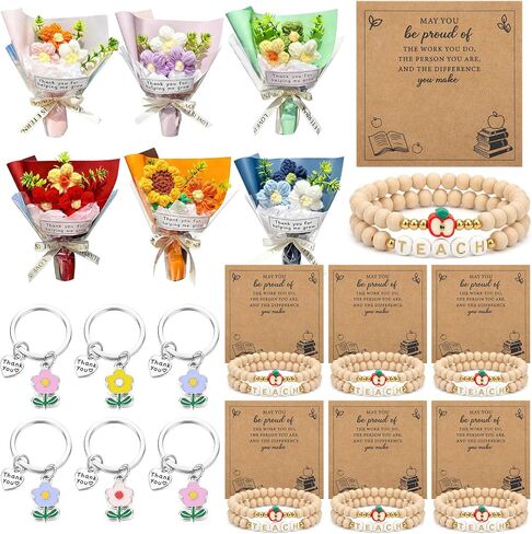 Wavwavw 3 Set Back to School Teacher Appreciation Gift, Positive Handmade Mini Crochet Flowers Bouquet Flower Keychains Wooden Bead Bracelet with Card Thank You for Helping Me Grow Gift (Pastel) in Saudi Arabia