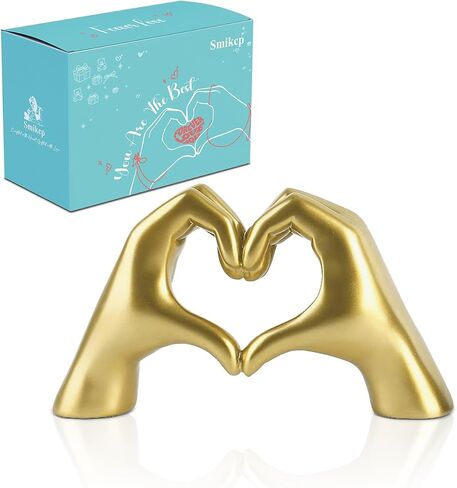 Heart Gesture Sculpture - Modern Gold Resin Hand Heart Statue for Home Decor, Minimalist Aesthetic Room Decor for Shelf, Office Desk, Bookshelf, Coffee Table - Romantic Music Fan (Small) Golden in Kuwait