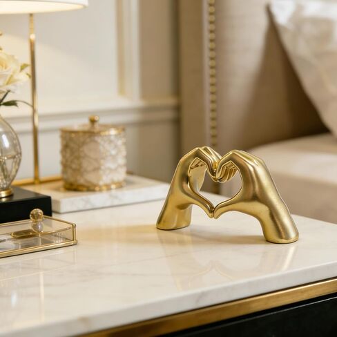 Heart Gesture Sculpture - Modern Gold Resin Hand Heart Statue for Home Decor, Minimalist Aesthetic Room Decor for Shelf, Office Desk, Bookshelf, Coffee Table - Romantic Music Fan (Small) Golden in Kuwait