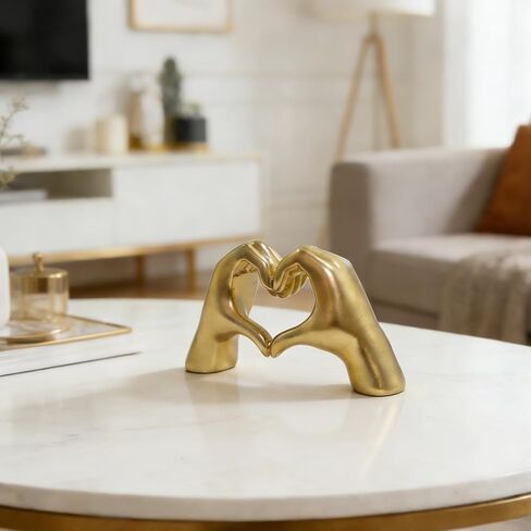 Heart Gesture Sculpture - Modern Gold Resin Hand Heart Statue for Home Decor, Minimalist Aesthetic Room Decor for Shelf, Office Desk, Bookshelf, Coffee Table - Romantic Music Fan (Small) Golden in Kuwait