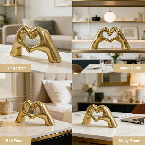 Heart Gesture Sculpture - Modern Gold Resin Hand Heart Statue for Home Decor, Minimalist Aesthetic Room Decor for Shelf, Office Desk, Bookshelf, Coffee Table - Romantic Music Fan (Small) Golden in Kuwait