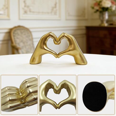 Heart Gesture Sculpture - Modern Gold Resin Hand Heart Statue for Home Decor, Minimalist Aesthetic Room Decor for Shelf, Office Desk, Bookshelf, Coffee Table - Romantic Music Fan (Small) Golden in Kuwait