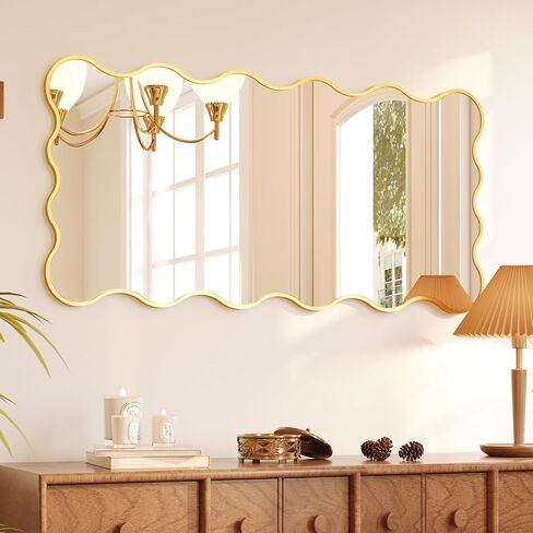 Kelly Miller 24x48 Inch Gold Scalloped Mirror, Large Rectangular Wavy Edge Bathroom Vanity Wall Mirror Decorative for Bedroom Living Room Entryway Fireplace Mantle in Saudi Arabia