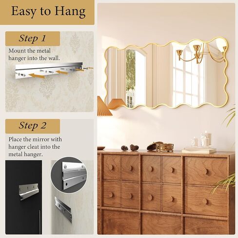 Kelly Miller 24x48 Inch Gold Scalloped Mirror, Large Rectangular Wavy Edge Bathroom Vanity Wall Mirror Decorative for Bedroom Living Room Entryway Fireplace Mantle in Saudi Arabia
